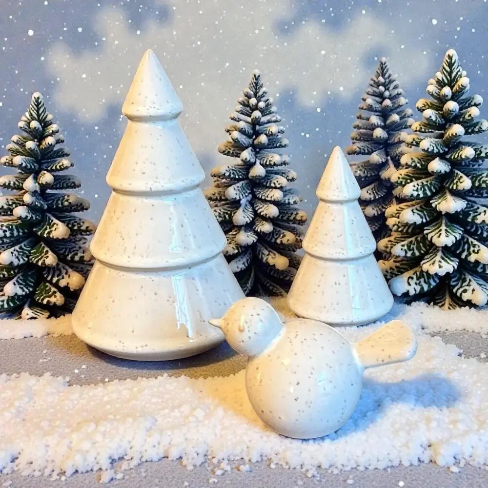 IKEA VINTERFINT Cermaic Decoration Set of 3 Christmas Trees & Bird
